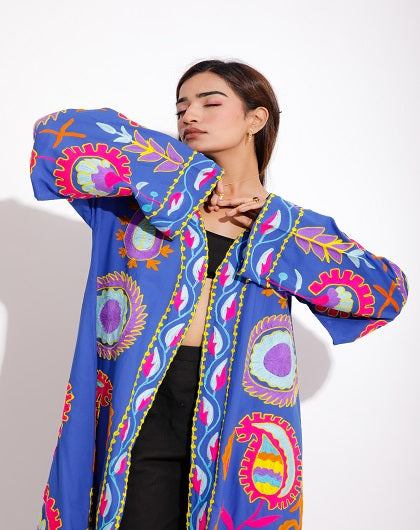 Roza Blue Luxe Embroidered Long Jacket - Label Saasha